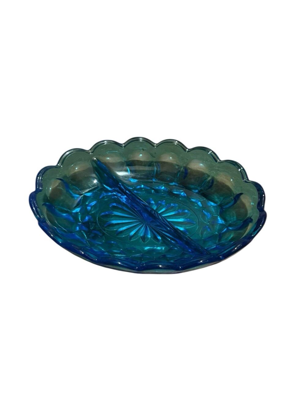 Vintage Anchor Hocking Fairfield Laser Blue Divided Glass Relish Dish